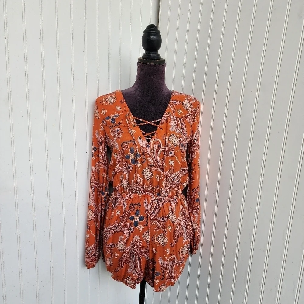 Abercrombie & Fitch Women's Paisley Romper Orange Long Sleeves Lace Up XS
